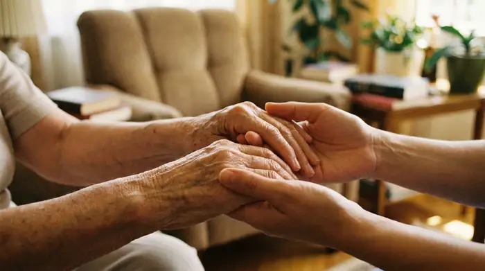 Nahaufnahme der Hände einer älteren Person, die sanft von den Händen einer Pflegekraft gehalten werden. Im Hintergrund unscharf ein sauberes Wohnzimmer. Fokus auf Vertrauen und Fürsorge.
