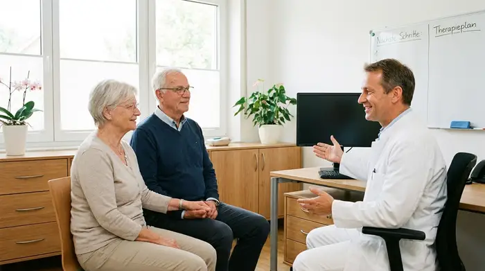 Ein älteres Ehepaar sitzt gemeinsam mit einem freundlichen Arzt in einem hellen, aufgeräumten Sprechzimmer. Der Arzt erklärt ruhig und zugewandt die nächsten Schritte. Entspannte und aufklärende Stimmung.