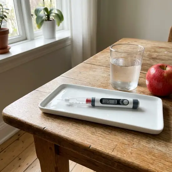 Ein moderner Insulinpen liegt auf einem sauberen, weißen Tablett neben einem Glas Wasser und einem Apfel auf einem Holztisch. Sanftes Tageslicht fällt durch das Fenster.