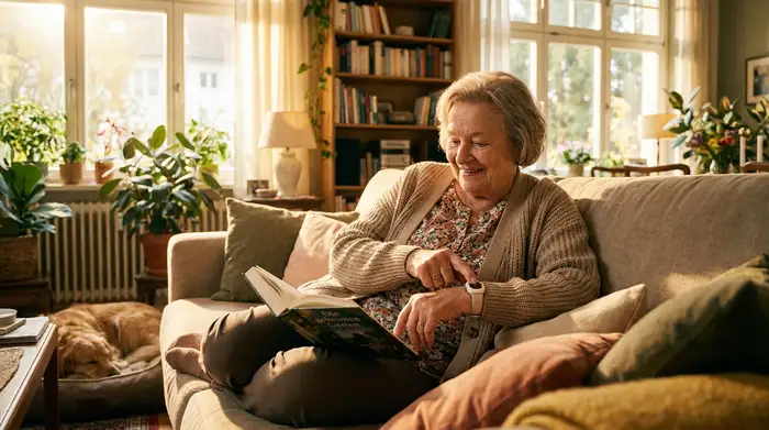 Eine ältere Frau tippt entspannt auf den Notrufknopf an ihrem Handgelenk, während sie gemütlich auf dem Sofa sitzt und ein Buch liest. Helle, sichere Wohnatmosphäre.
