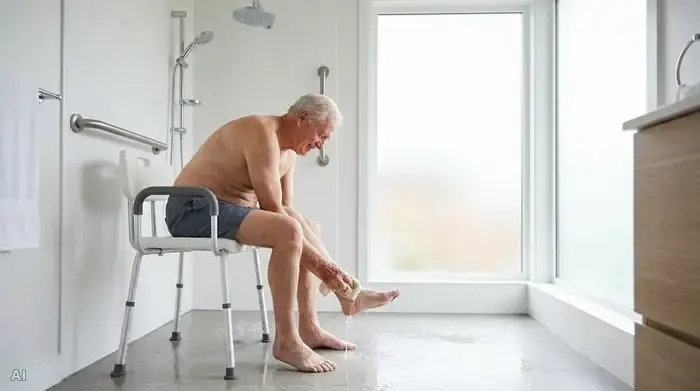 Ein älterer Herr sitzt entspannt auf einem stabilen Duschhocker in einer modernen, hellen Dusche und wäscht sich behutsam die Füße. Das Wasser fließt sanft, die Umgebung wirkt sicher und beruhigend.