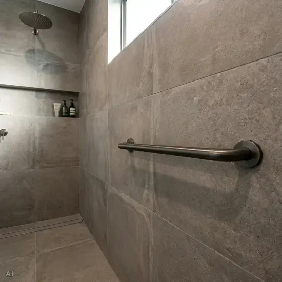 Nahaufnahme einer eleganten, bodengleichen Dusche mit großformatigen, matten und rutschfesten Fliesen. Ein gut sichtbarer, farblich abgesetzter Haltegriff ist sicher an der Wand montiert.