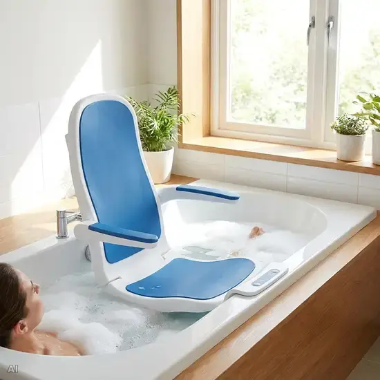 Ein moderner, wasserdichter Badewannenlift in einer hellen Badewanne. Die Sitzfläche ist ergonomisch geformt und bietet eine sichere Stütze für ein entspannendes Vollbad.