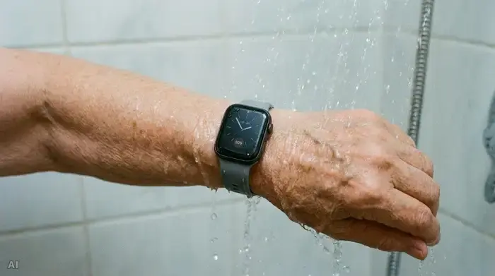 Ein wasserdichter Hausnotruf-Sender, der wie eine moderne Armbanduhr aussieht, getragen am Handgelenk einer älteren Person, während sanftes Wasser aus der Dusche im Hintergrund fließt.