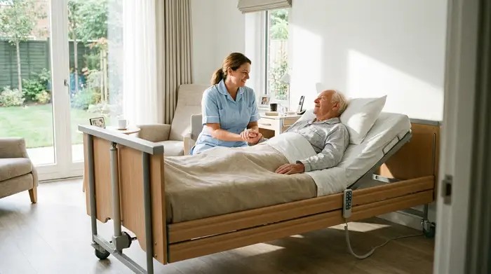 Ein älterer Herr liegt entspannt in einem hellen, modernen Pflegebett. Eine Pflegekraft sitzt daneben und hält seine Hand, während sie beruhigend lächelt.