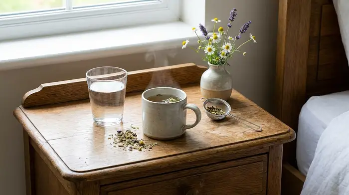 Nahaufnahme eines aufgeräumten Nachttisches aus Holz. Darauf steht ein klares Glas Wasser und eine Tasse mit dampfendem Kräutertee neben einer kleinen Blumenvase.