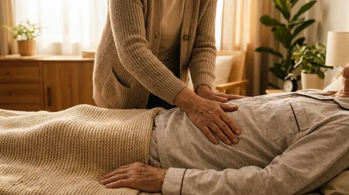 Die sanften Hände einer Pflegerin ruhen behutsam auf dem Bauch eines älteren Patienten, bereit für eine Massage. Die Szene strahlt Ruhe, Wärme und Geborgenheit aus.