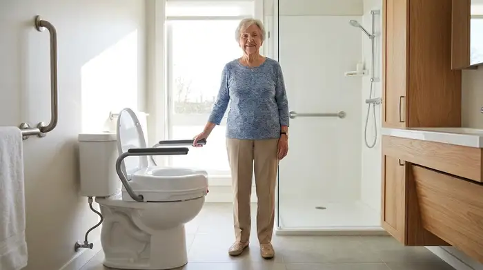 Eine ältere Person steht sicher und entspannt in einem gut beleuchteten Badezimmer. Neben der Toilette ist eine moderne Toilettensitzerhöhung mit stabilen, hochklappbaren Armlehnen montiert.