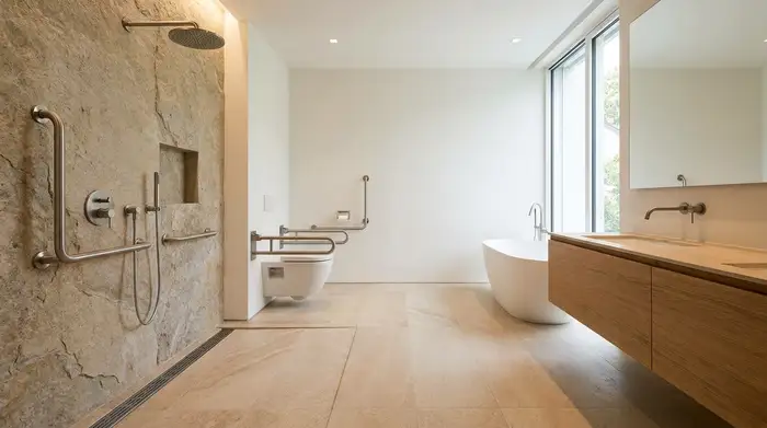 Ein geräumiges, barrierefreies Badezimmer mit einer bodengleichen Dusche, einer erhöhten Toilette und eleganten, in die Wand integrierten Haltegriffen aus gebürstetem Edelstahl.