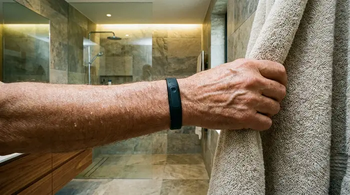 Der Arm eines Senioren mit einem dezenten, wasserdichten Hausnotruf-Armband am Handgelenk. Die Person greift sicher nach einem Handtuch in einem modernen Badezimmer.