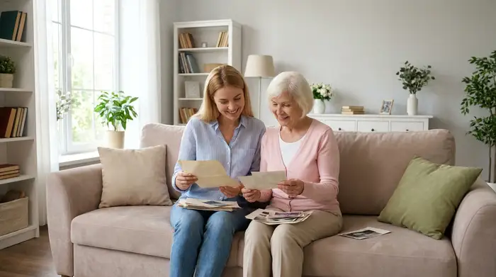 Eine fürsorgliche Tochter sitzt gemeinsam mit ihrer älteren Mutter auf einem gemütlichen Sofa im Wohnzimmer. Sie betrachten lächelnd einige Dokumente. Helles, aufgeräumtes Zimmer, entspannte Stimmung.