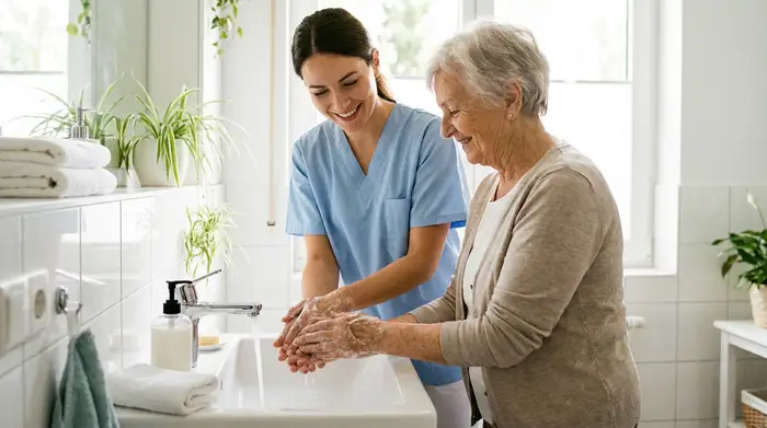 Eine professionelle Pflegekraft in hellblauer Berufskleidung wäscht sanft die Hände einer älteren Dame an einem sauberen Waschbecken. Fokus auf Hygiene und Fürsorge, helle und freundliche Umgebung.