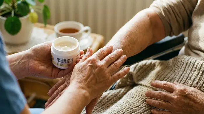 Eine Nahaufnahme von pflegenden Händen, die sanft eine beruhigende Hautcreme auf den Arm eines älteren Menschen auftragen. Weiche Beleuchtung, Fokus auf Behaglichkeit und Hautschutz.