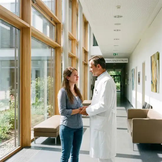 Ein empathisches Gespräch zwischen einem Arzt in weißem Kittel und einer besorgten Tochter in einem modernen, hellen Krankenhausflur.