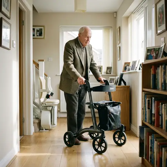 Ein älterer Herr läuft vorsichtig mit einem modernen Rollator durch einen aufgeräumten, barrierefreien Flur in seinem Zuhause.