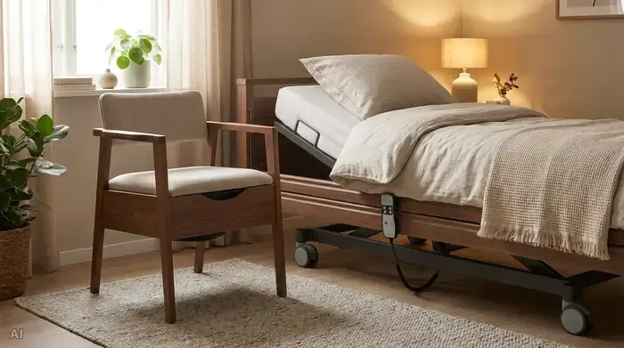 Ein moderner, diskreter Toilettenstuhl steht griffbereit direkt neben einem elektrisch verstellbaren Pflegebett in einem ordentlichen, gemütlichen Schlafzimmer.