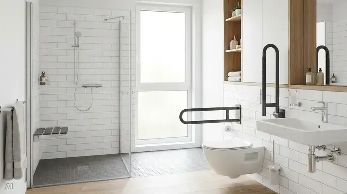 Ein helles, barrierefreies Badezimmer mit einer bodengleichen Dusche. Stabile, gut sichtbare Haltegriffe mit rutschfester Oberfläche sind neben der Toilette und dem Waschbecken sicher an der Wand montiert.