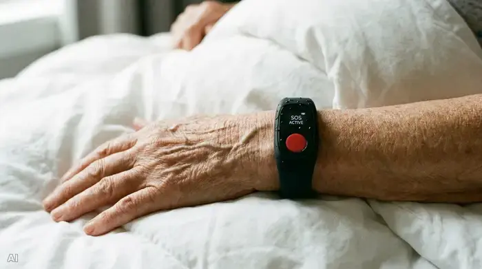 Eine Nahaufnahme des Handgelenks einer älteren Person, die ein modernes, wasserdichtes Hausnotruf-Armband trägt. Die Hand ruht entspannt auf einer weichen, weißen Bettdecke.