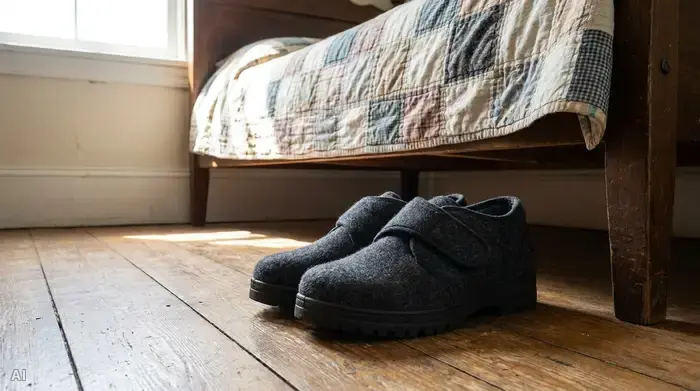 Ein Paar bequeme, geschlossene Senioren-Hausschuhe mit einer dicken, profilierten Gummisohle und praktischem Klettverschluss stehen ordentlich auf dem Fußboden neben einem Bett.