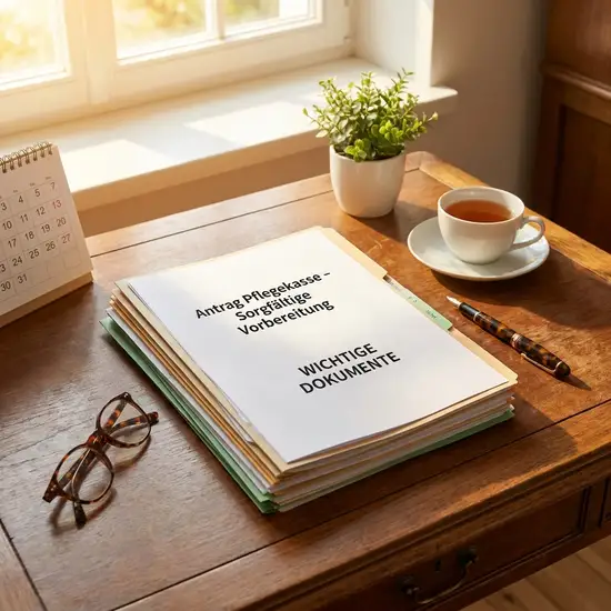 Ein ordentlicher Schreibtisch mit wichtigen Dokumenten, einem Stift und einer Lesebrille in einem sonnendurchfluteten Raum, der die sorgfältige Vorbereitung von Anträgen bei der Pflegekasse symbolisiert.