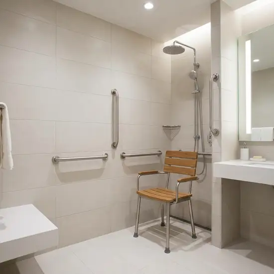 Ein modern umgebautes, barrierefreies Badezimmer mit einer bodengleichen Dusche, eleganten Haltegriffen an den hellen Fliesen und einem stabilen, komfortablen Duschstuhl.