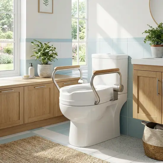 Eine saubere, weiße Toilette mit einer professionell montierten Sitzerhöhung und stabilen Armlehnen in einem gut beleuchteten, freundlichen Badezimmer.