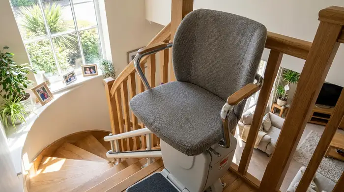 Ein moderner, gepolsterter Sitz-Treppenlift, der an einer geschwungenen Holztreppe in einem gepflegten, einladenden Einfamilienhaus installiert ist.