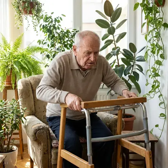 Ein älterer Mann stützt sich beim Aufstehen aus einem Sessel vorsichtig auf eine stabile Gehhilfe. Ein heller Raum mit Pflanzen. Man sieht die Konzentration auf seinem Gesicht. Fotorealistisch, keine Schrift.