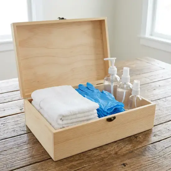 Eine geöffnete, ordentliche Box mit sauberen Handtüchern, Einweghandschuhen und Desinfektionsmitteln auf einem Holztisch. Klar, aufgeräumt, ohne sichtbare Marken oder Text.