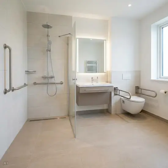 Ein modernes, barrierefreies Badezimmer mit einer bodengleichen Dusche, eleganten Haltegriffen an der Wand und einem rutschfesten Boden. Helle Fliesen, sauberes und sicheres Design.