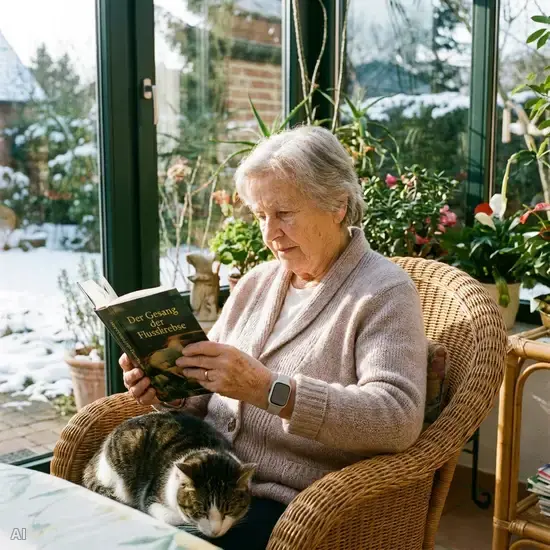 Eine ältere Frau trägt ein unauffälliges, modernes Hausnotruf-Armband am Handgelenk und liest entspannt ein Buch in einem sonnendurchfluteten Wintergarten.