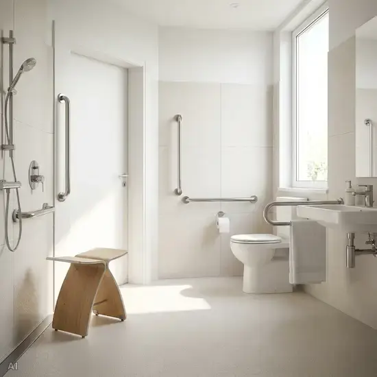 Ein helles, barrierefreies Badezimmer mit einem modernen Duschhocker in der bodengleichen Dusche und stabilen, metallischen Haltegriffen an den hellen Fliesen. Die Umgebung ist sauber, rutschfest und sicher gestaltet.