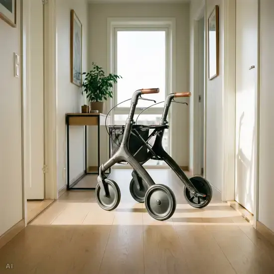 Ein eleganter, leichter Carbon-Rollator steht griffbereit im hellen Flur einer gemütlichen, aufgeräumten Wohnung. Der Boden ist frei von Stolperfallen und Teppichen.