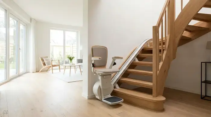 Ein moderner, bequemer Treppenlift fährt sicher an einer eleganten Holztreppe in einem gepflegten Einfamilienhaus hinauf. Das Design ist dezent und fügt sich harmonisch in den hellen Wohnraum ein.