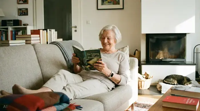 Eine entspannte ältere Frau sitzt gemütlich auf dem Sofa und trägt ein unauffälliges, modernes Hausnotruf-Armband am Handgelenk. Sie liest ein Buch und wirkt vollkommen sicher und geborgen.