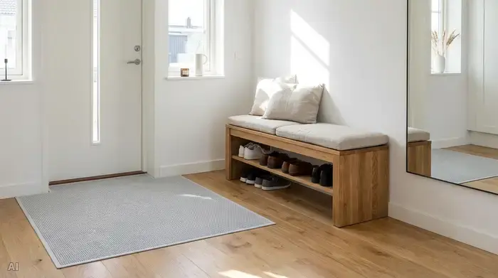 Ein heller, aufgeräumter Flur mit einer flachen, rutschfesten Schmutzfangmatte und einer stabilen Holzbank zum Schuheanziehen.