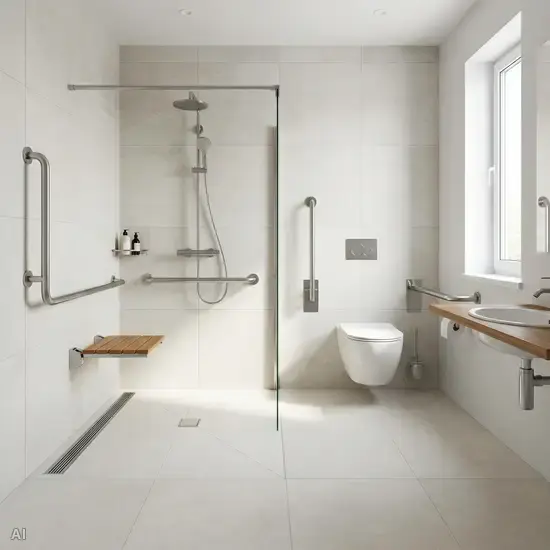 Ein modernes, barrierefreies Badezimmer mit einer bodengleichen Dusche, stabilen Haltegriffen an den Wänden und rutschfesten, hellen Fliesen.