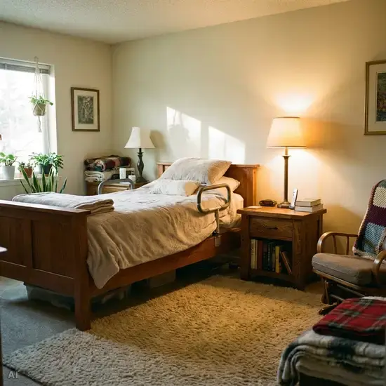 Ein bequemes, erhöhtes Seniorenbett in einem gemütlichen Schlafzimmer, mit einem stabilen, schweren Nachttisch und einem sanften Nachtlicht am Boden.