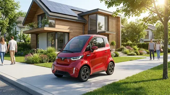 Ein rotes, modernes Elektromobil parkt sicher auf einem glatten Gehweg vor einem gepflegten Haus im Sonnenschein.