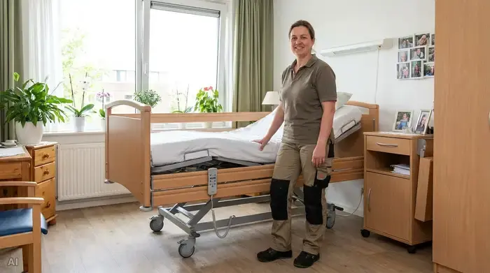 Eine Frau steht mit geradem Rücken und leicht angewinkelten Beinen neben einem höhenverstellbaren Pflegebett in einem aufgeräumten Zimmer.