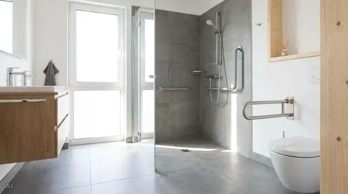 Ein modernes, helles Badezimmer mit einer bodengleichen Dusche, rutschfesten Fliesen und stabilen Haltegriffen an den Wänden.