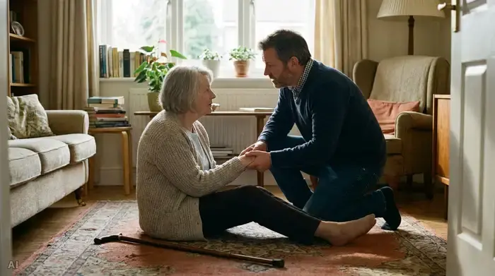 Eine ältere Frau sitzt nach einem leichten Sturz ruhig auf dem Boden eines Wohnzimmers, während ihr Sohn beruhigend neben ihr kniet und mit ihr spricht.