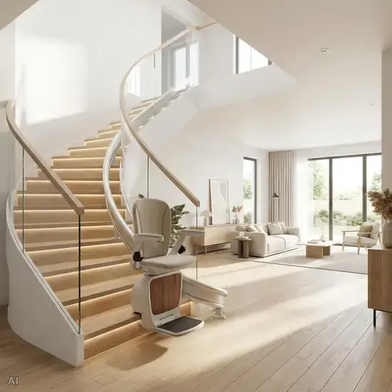 Ein moderner, bequemer Treppenlift gleitet sanft eine geschwungene Treppe in einem hellen Einfamilienhaus hinauf. Die Umgebung ist aufgeräumt und hervorragend ausgeleuchtet.
