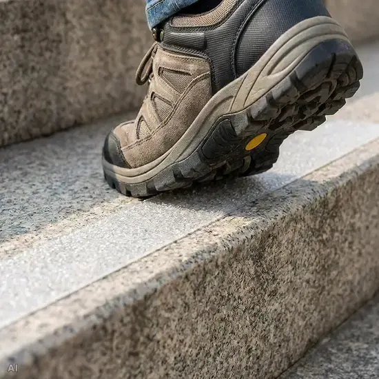 Eine Nahaufnahme von rutschfesten, transparenten Streifen auf den Stufen einer sauberen Steintreppe. Ein Fuß in einem festen, sicheren Halbschuh setzt gerade sicher auf die Stufe auf.