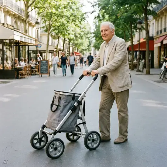Ein älterer Herr schiebt entspannt einen leichten, modernen Einkaufstrolley mit vier großen Rädern über einen glatten Gehweg an einem sonnigen Vormittag.