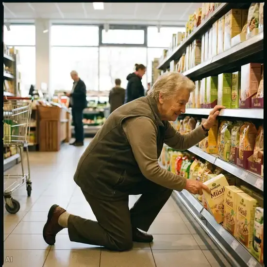 Eine ältere Frau geht im Supermarkt leicht in die Knie, um mit geradem Rücken ein leichtes Produkt aus dem unteren Regal zu greifen. Sie stützt sich dabei sanft am Einkaufswagen ab.