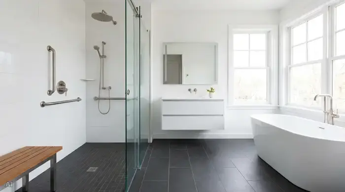 Ein helles, modern umgebautes Badezimmer mit einer bodengleichen Dusche, eleganten Haltegriffen an den Wänden und rutschfesten, anthrazitfarbenen Bodenfliesen.