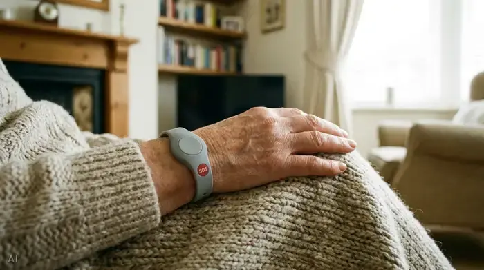 Ein unauffälliger, wasserdichter Hausnotruf-Sender wird als Armband am Handgelenk einer älteren Person getragen. Die Hand ruht entspannt auf einer weichen Wolldecke.