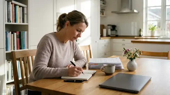 Eine Frau sitzt an einem aufgeräumten Esstisch und schreibt konzentriert mit einem Stift in ein Notizbuch. Neben ihr liegen ordentlich sortierte Dokumente und eine Kaffeetasse.