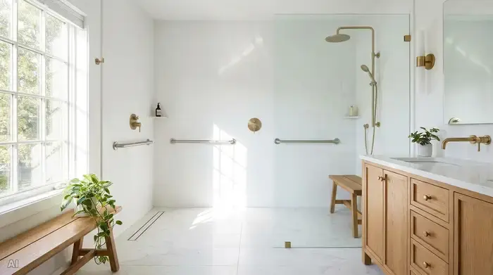 Ein modern renoviertes, helles Badezimmer mit einer großzügigen, bodengleichen Dusche. An der weißen Wand sind dezente, sichere Haltegriffe angebracht.